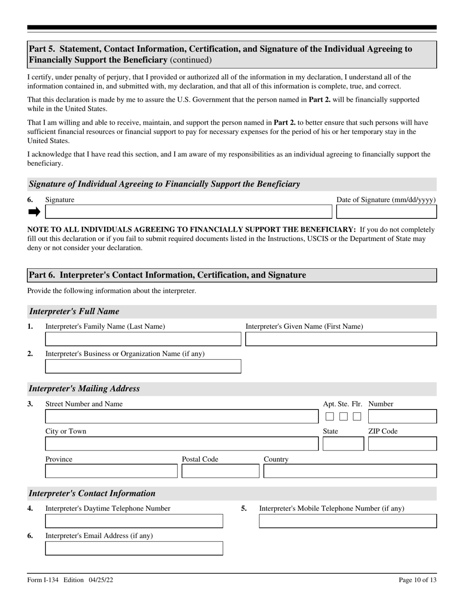 USCIS Form I-134 Declaration of Financial Support, Page 10