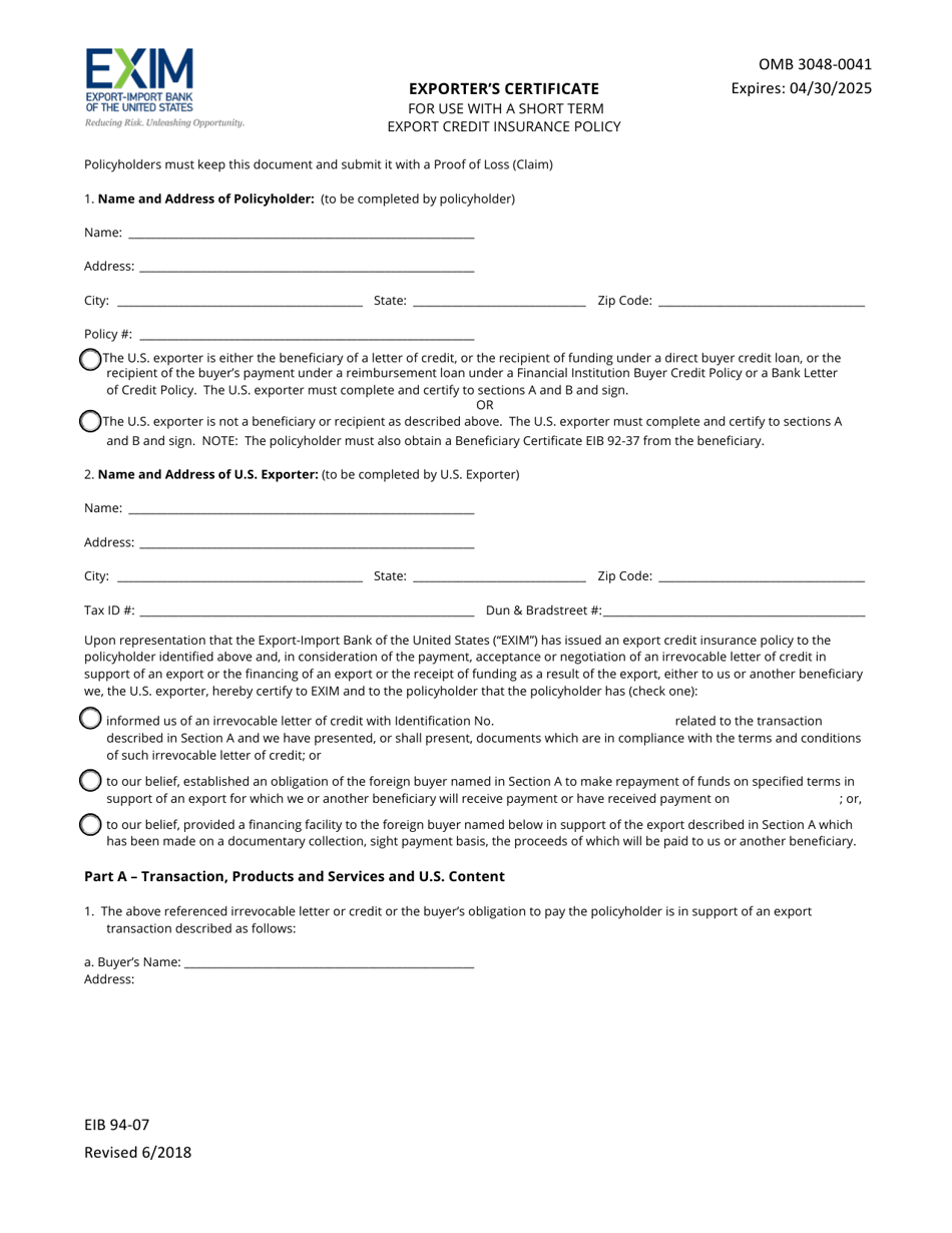 Form EIB94-07 Exporter's Certificate for Use With a Short Term Export Credit Insurance Policy, Page 1