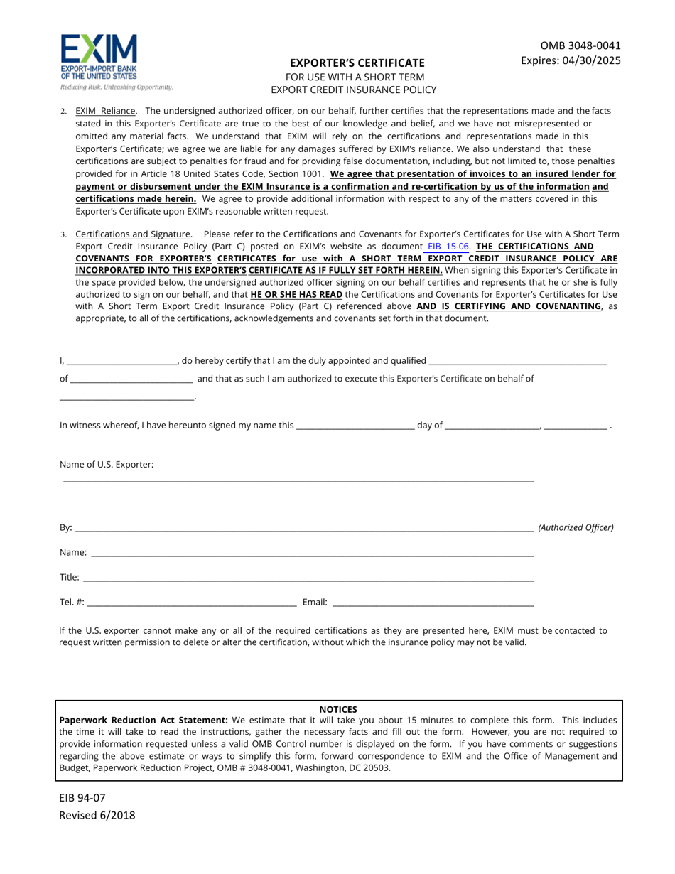 Form EIB94-07 Exporters Certificate for Use With a Short Term Export Credit Insurance Policy, Page 3