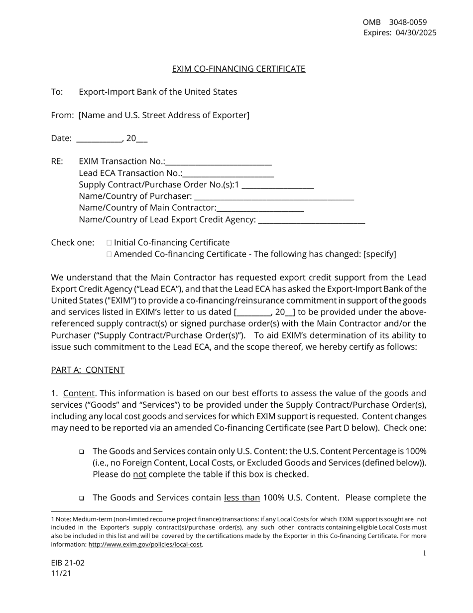 Form EIB21-02 Exim Co-financing Certificate, Page 1