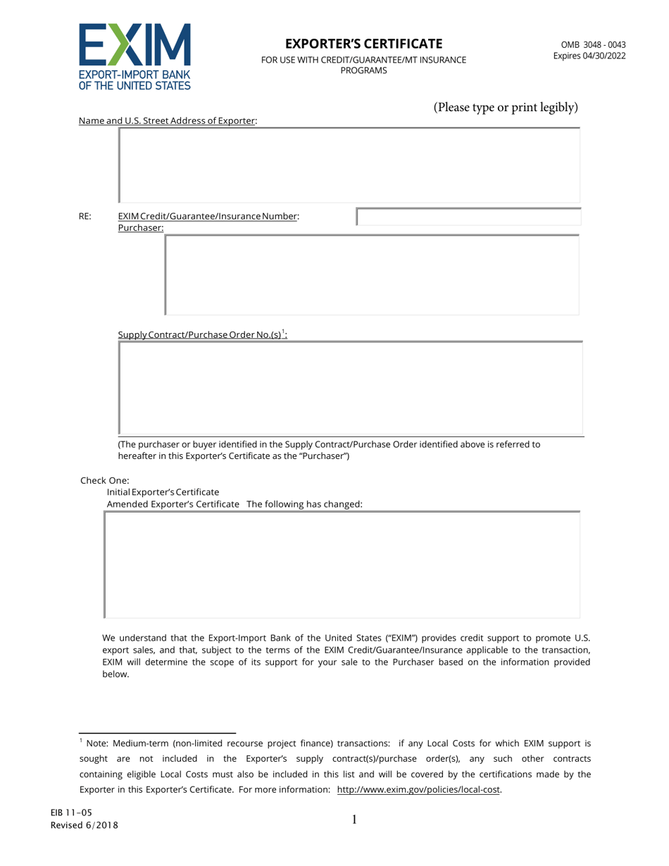 Form EIB11-05 Exporters Certificate for Use With Credit / Guarantee / Mt Insurance Programs, Page 1