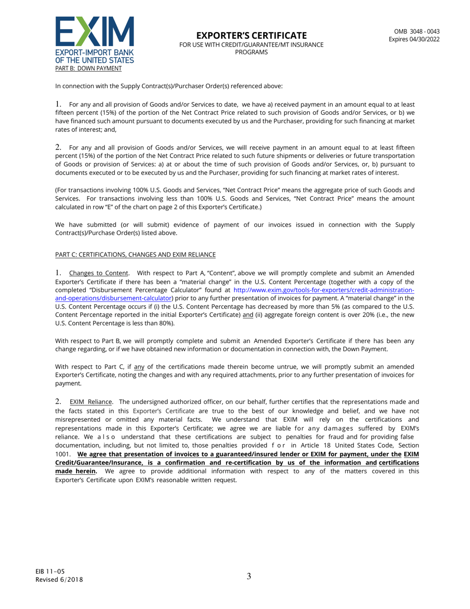 Form EIB11-05 Exporters Certificate for Use With Credit / Guarantee / Mt Insurance Programs, Page 3