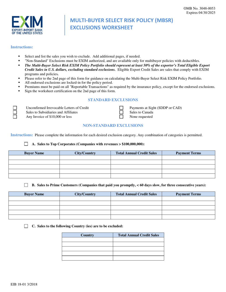 Form EIB18-01 Multi-Buyer Select Risk Policy (Mbsr) Exclusions Worksheet, Page 1