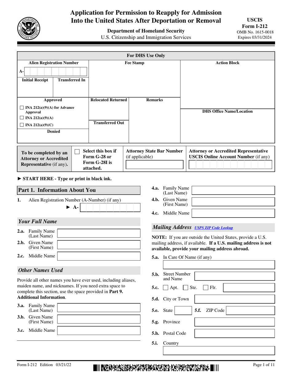 USCIS Form I-212 Application for Permission to Reapply for Admission Into the United States After Deportation or Removal, Page 1