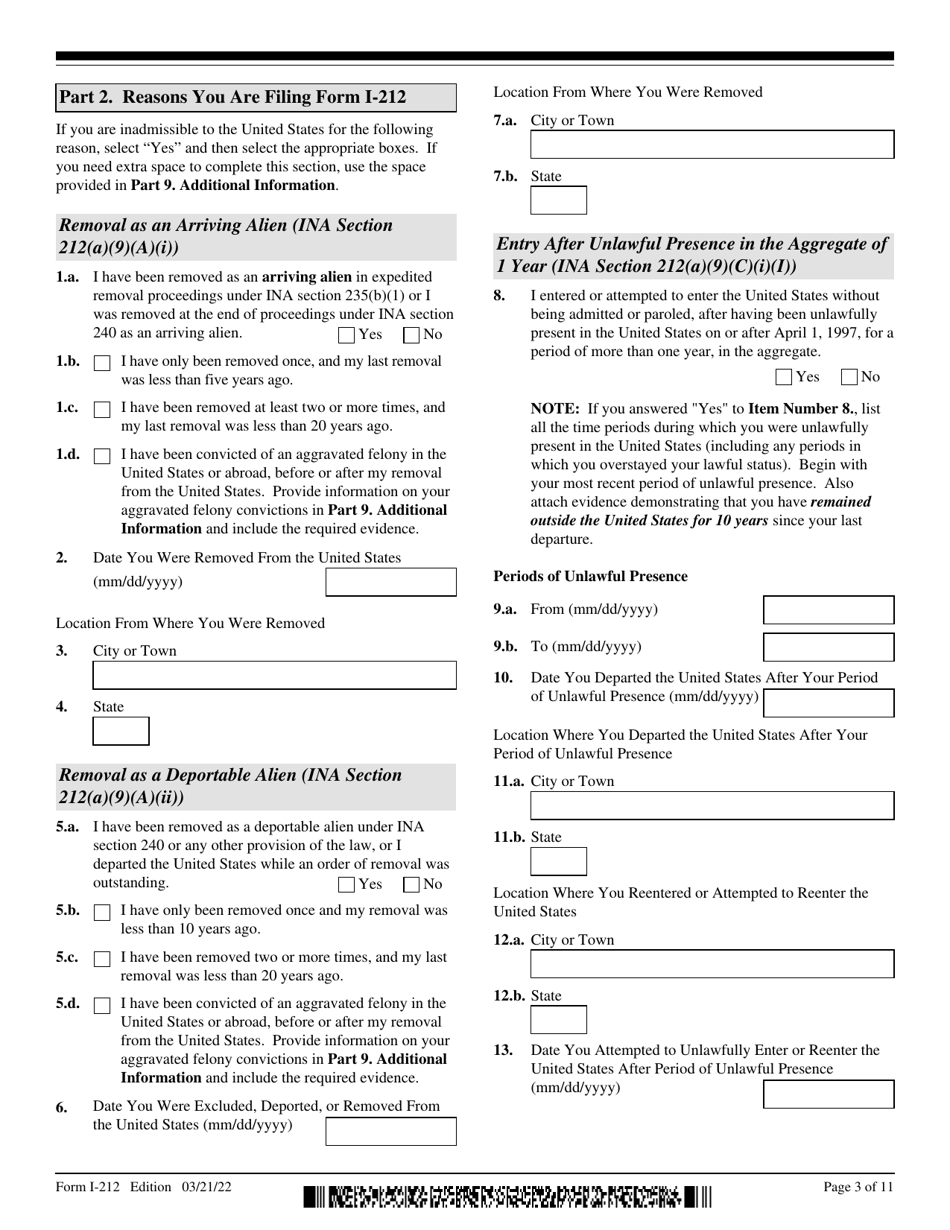 USCIS Form I-212 Download Fillable PDF or Fill Online Application for ...