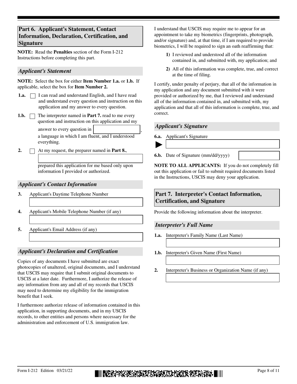 USCIS Form I-212 Download Fillable PDF or Fill Online Application for ...