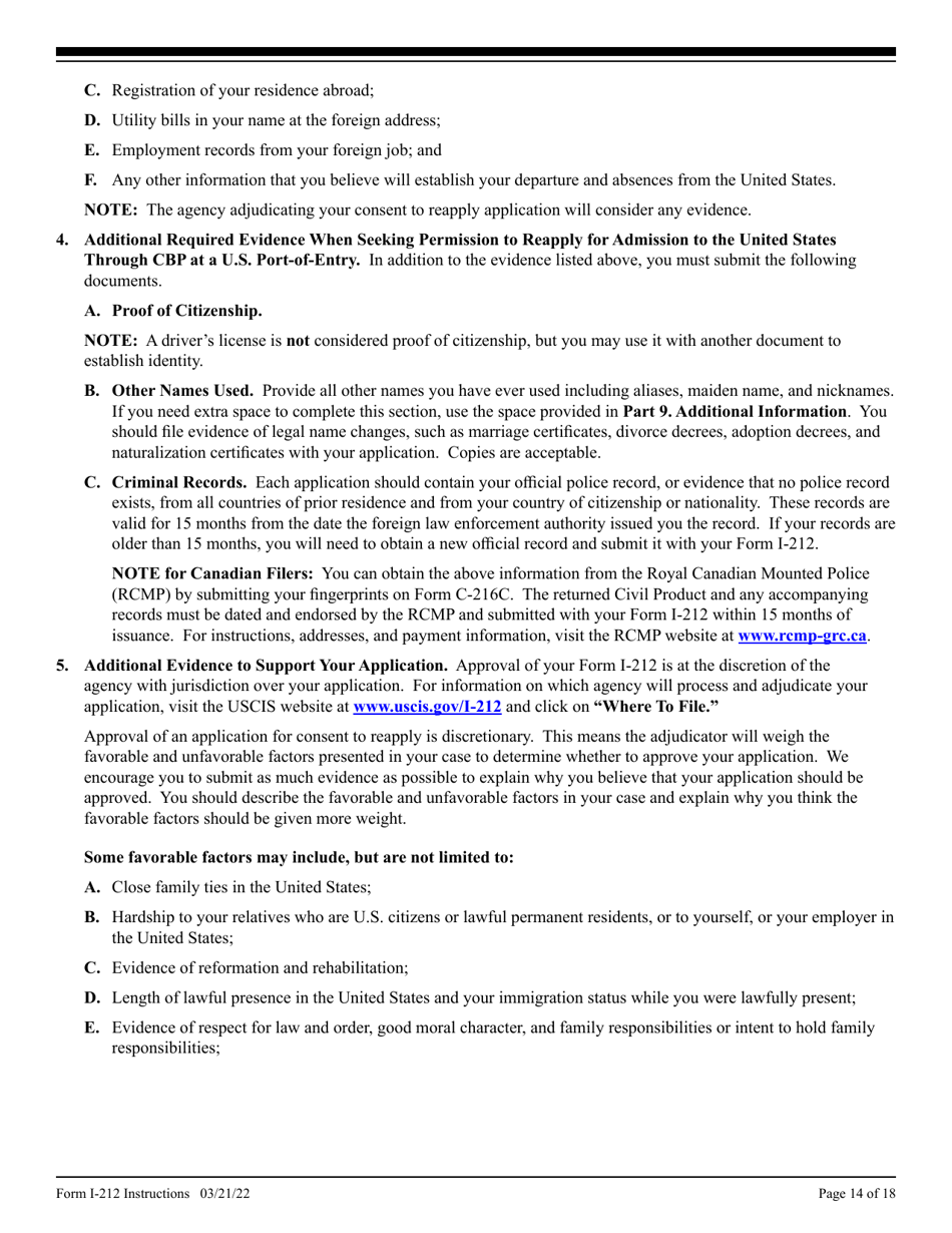 Instructions for USCIS Form I-212 Application for Permission to Re-apply for Admission Into the United States After Deportation or Removal, Page 14