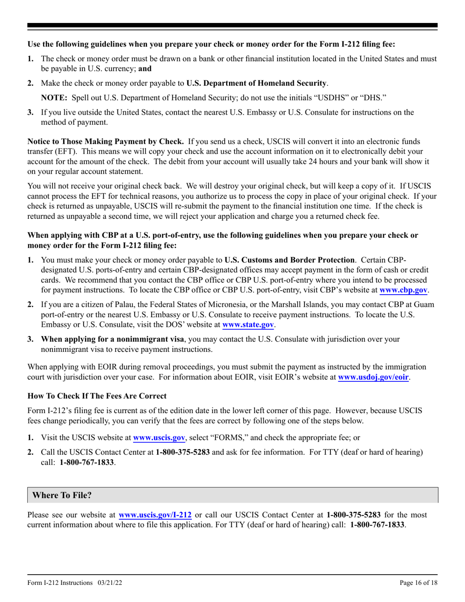 Instructions for USCIS Form I-212 Application for Permission to Re-apply for Admission Into the United States After Deportation or Removal, Page 16