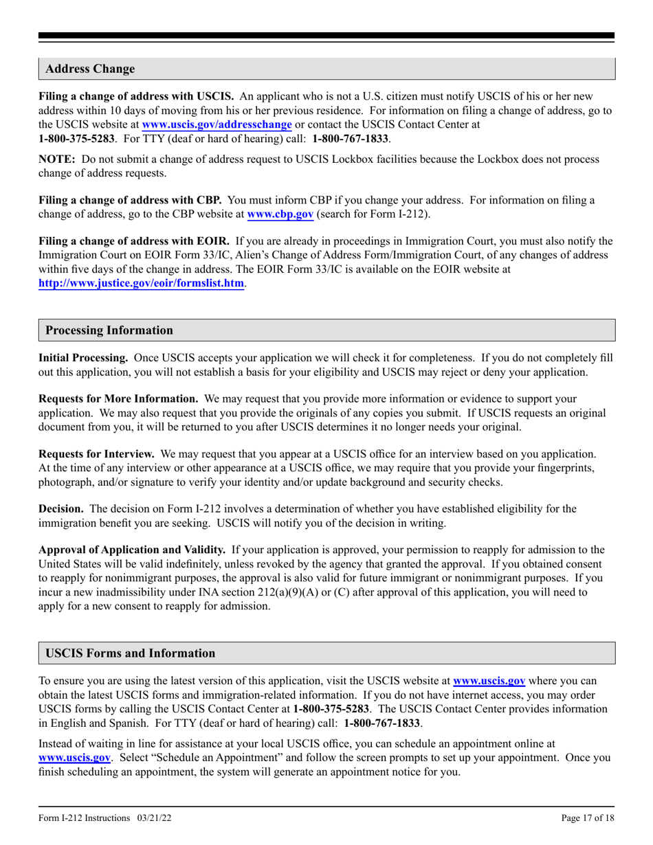 Instructions for USCIS Form I-212 Application for Permission to Re-apply for Admission Into the United States After Deportation or Removal, Page 17