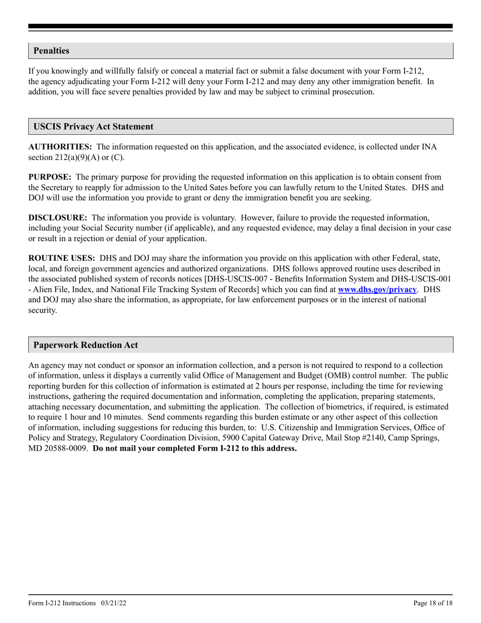 Instructions for USCIS Form I-212 Application for Permission to Re-apply for Admission Into the United States After Deportation or Removal, Page 18