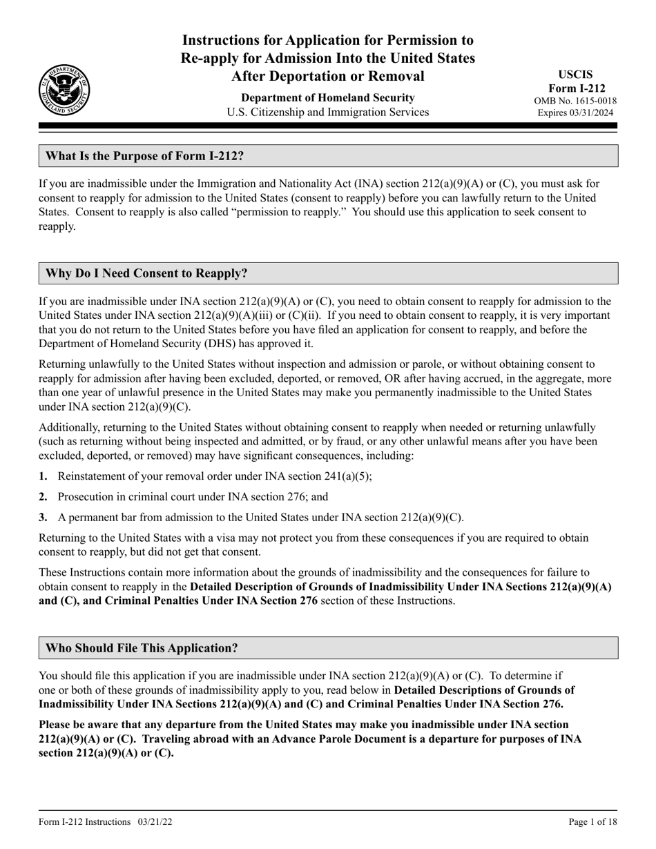 Instructions for USCIS Form I-212 Application for Permission to Re-apply for Admission Into the United States After Deportation or Removal, Page 1