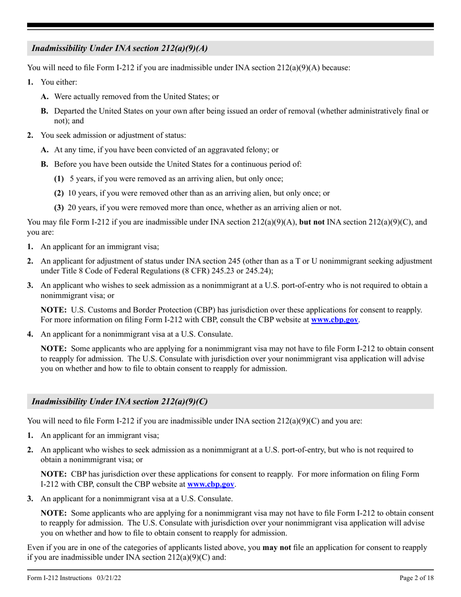 Instructions for USCIS Form I-212 Application for Permission to Re-apply for Admission Into the United States After Deportation or Removal, Page 2