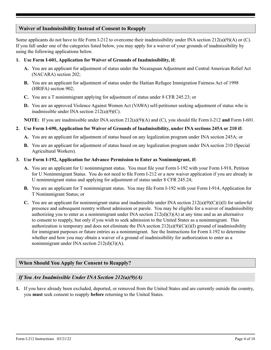 Instructions for USCIS Form I-212 Application for Permission to Re-apply for Admission Into the United States After Deportation or Removal, Page 4