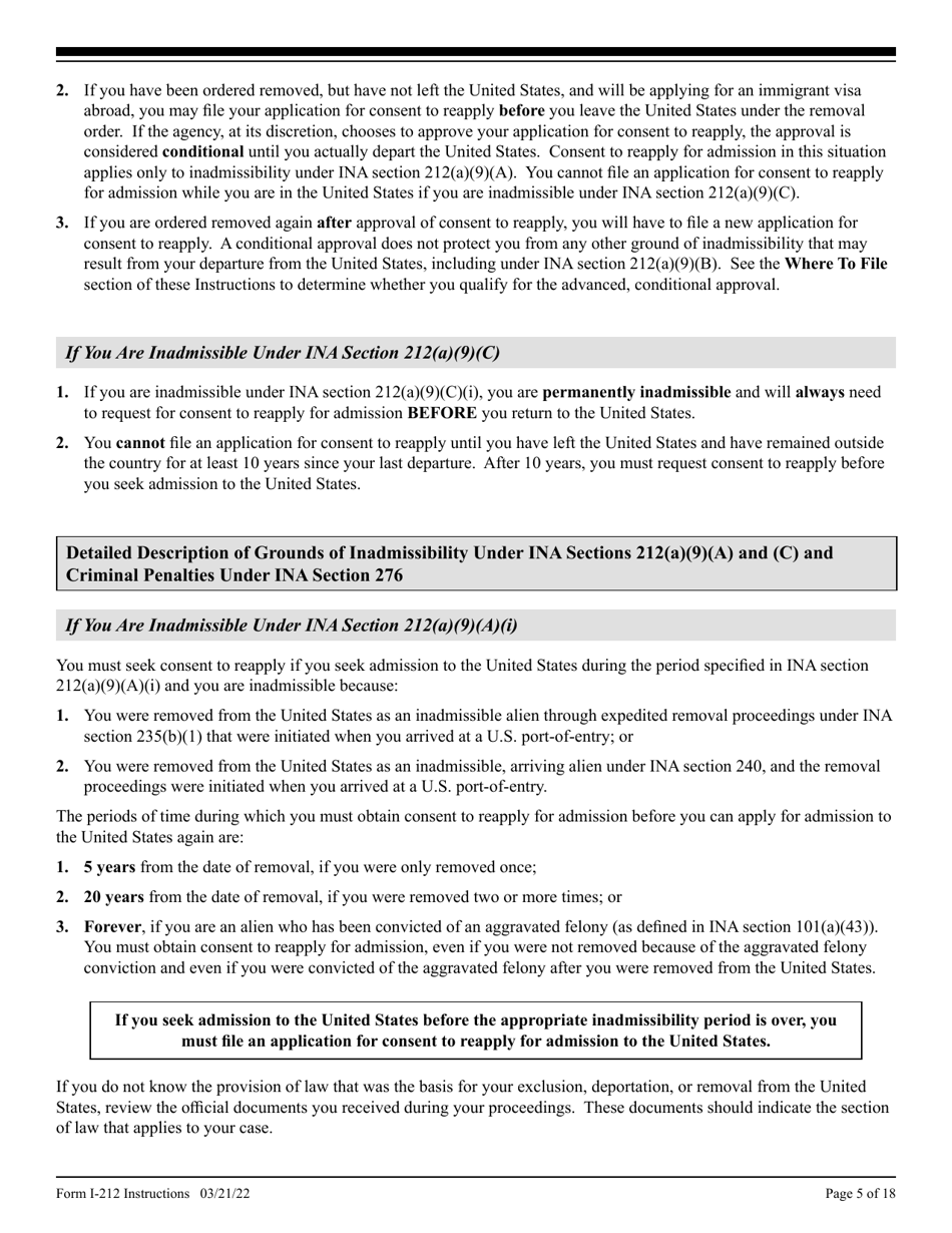 Instructions for USCIS Form I-212 Application for Permission to Re-apply for Admission Into the United States After Deportation or Removal, Page 5