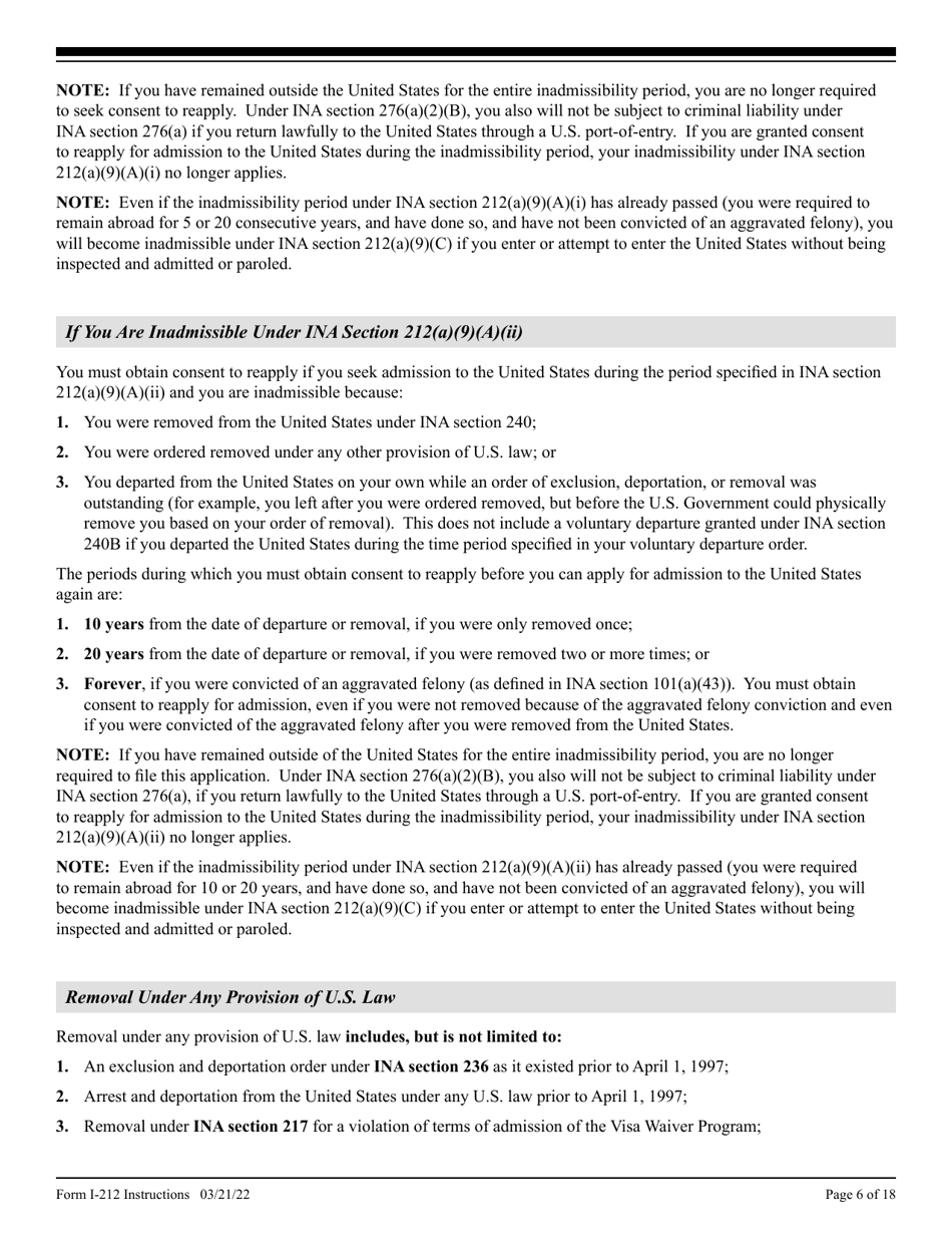 Instructions for USCIS Form I-212 Application for Permission to Re-apply for Admission Into the United States After Deportation or Removal, Page 6