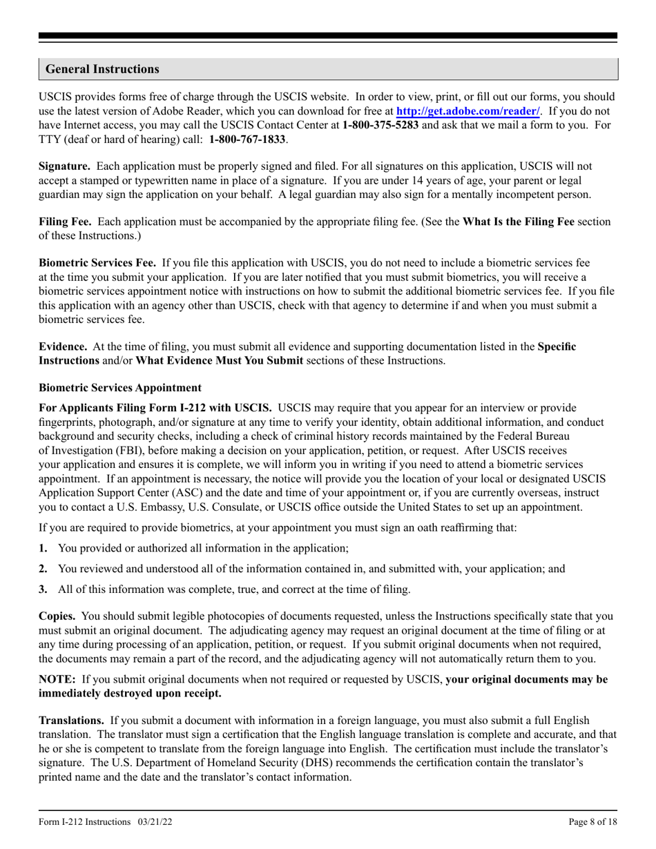 Instructions for USCIS Form I-212 Application for Permission to Re-apply for Admission Into the United States After Deportation or Removal, Page 8