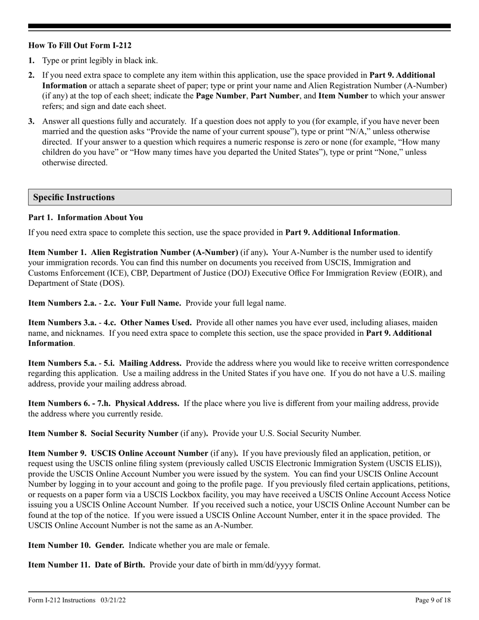 Instructions for USCIS Form I-212 Application for Permission to Re-apply for Admission Into the United States After Deportation or Removal, Page 9