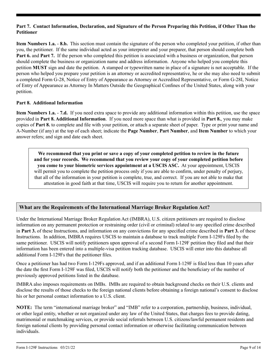Instructions for USCIS Form I-129F Petition for Alien Fiance(E), Page 9