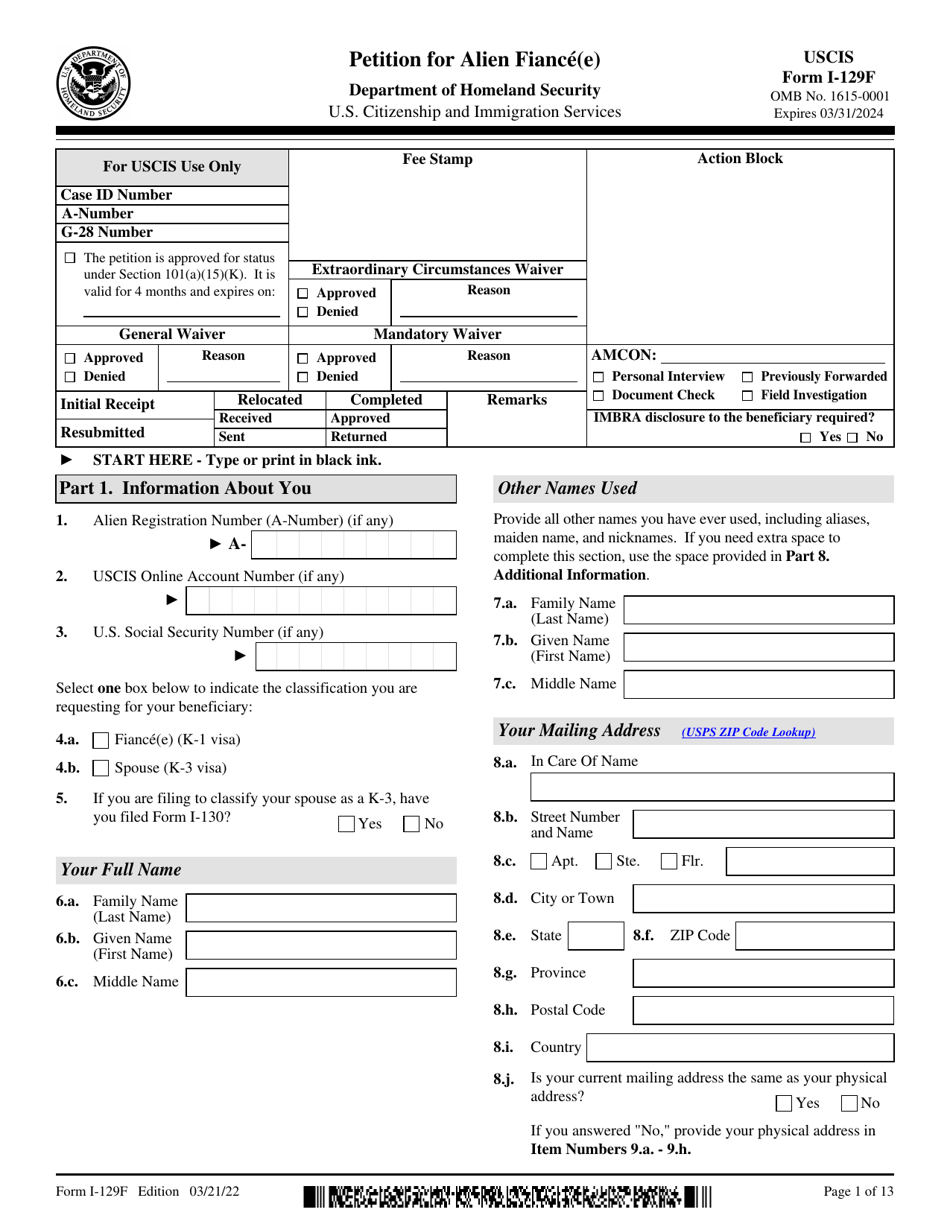 USCIS Form I-129F Petition for Alien Fiance(E), Page 1