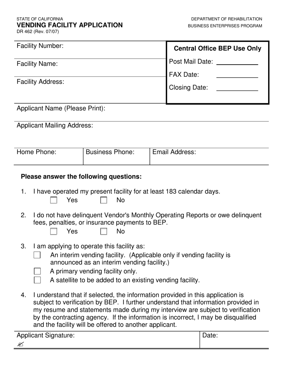Form DR462 Vending Facility Application - California, Page 1