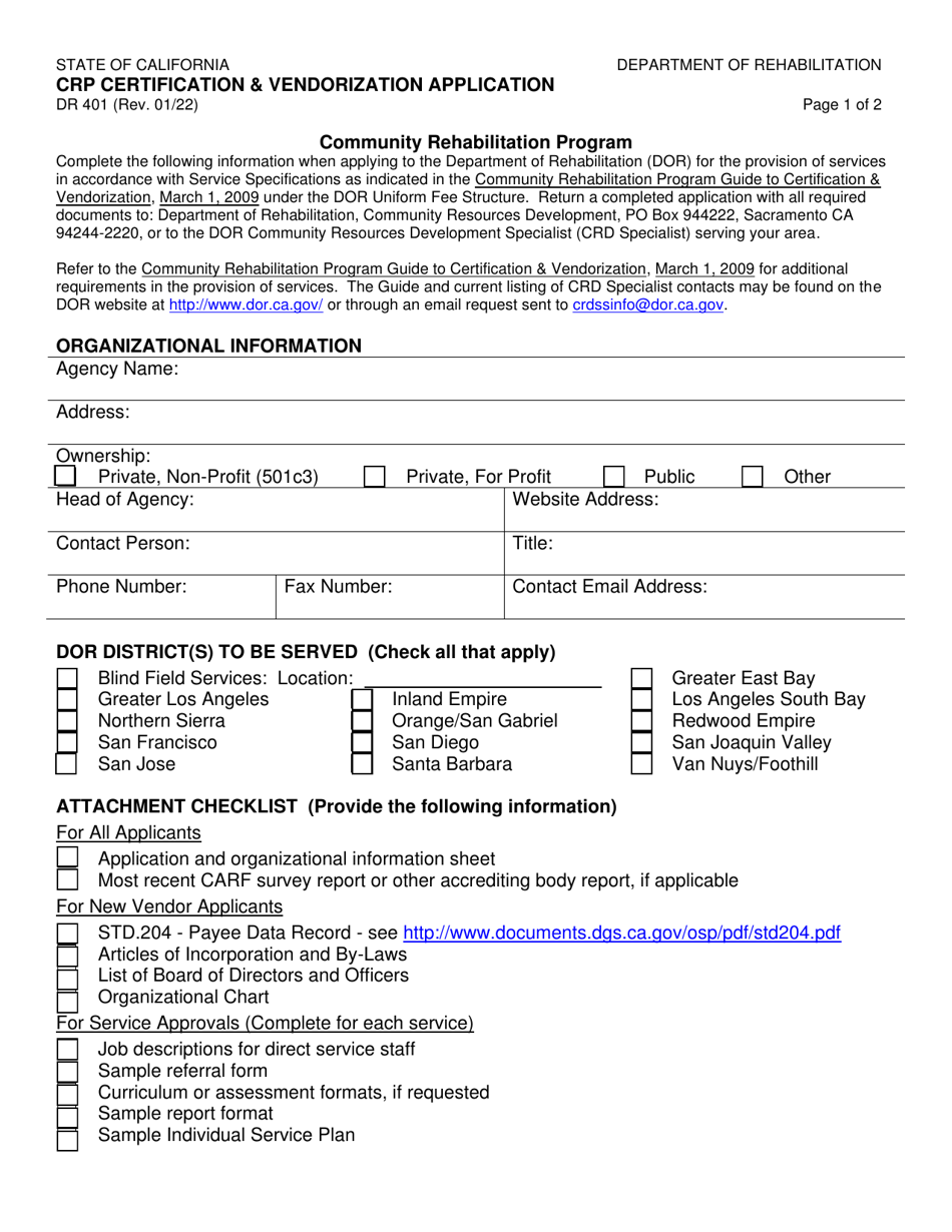 Form DR401 Crp Certification  Vendorization Application - California, Page 1