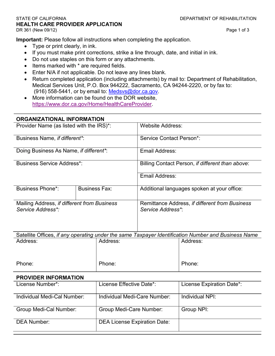 Form DR361 Health Care Provider Application - California, Page 1