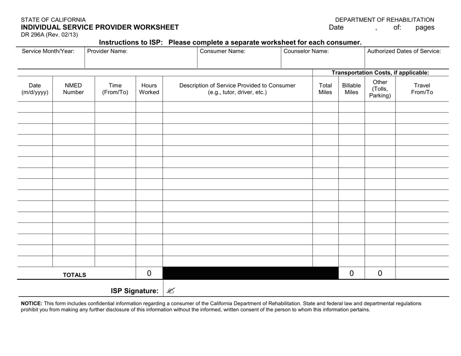 Form DR296A Individual Service Provider Worksheet - California, Page 1