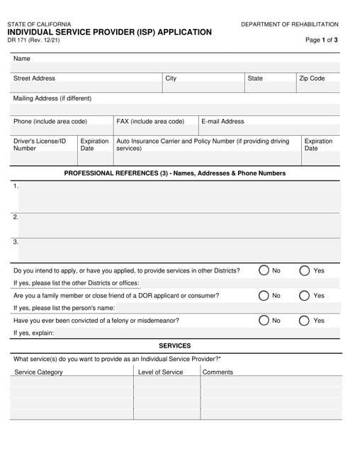 Form DR171 Individual Service Provider (Isp) Application - California