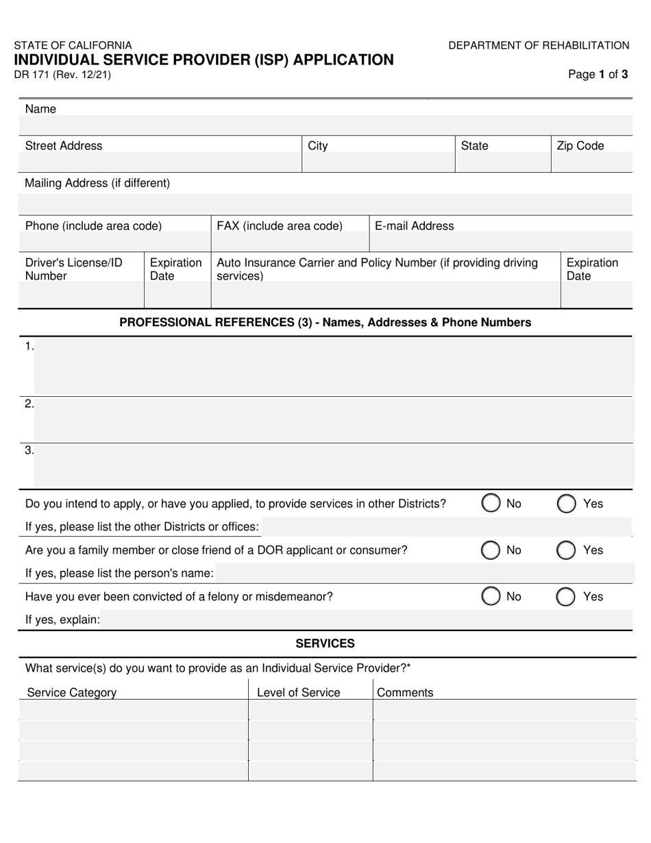 Form DR171 Individual Service Provider (Isp) Application - California, Page 1