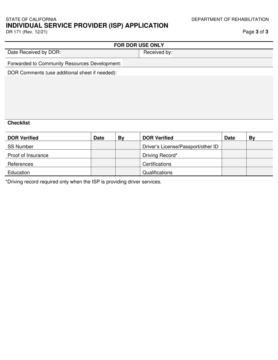 Form DR171 Individual Service Provider (Isp) Application - California, Page 3