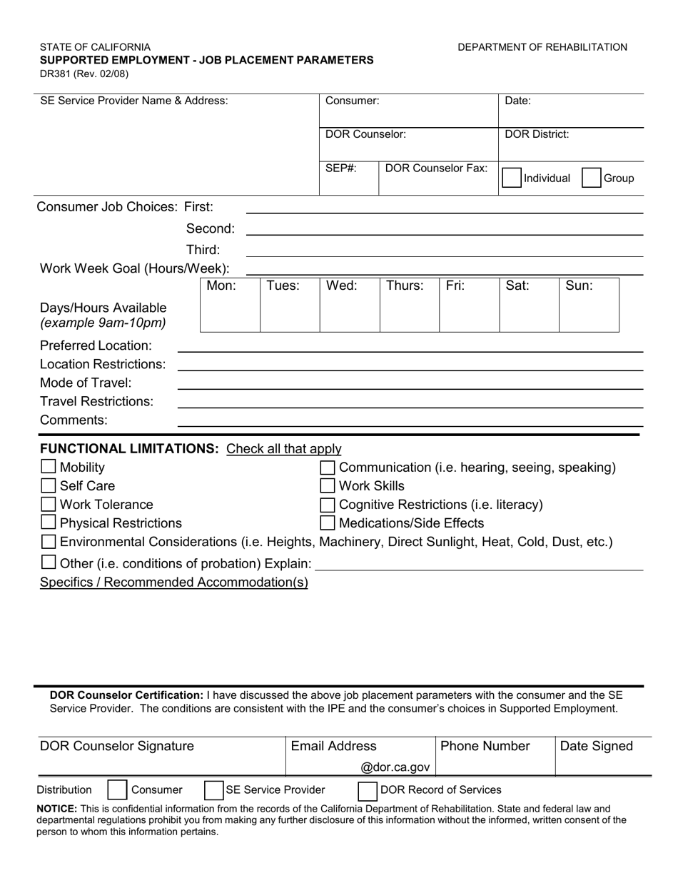 Form DR381 Supported Employment - Job Placement Parameters - California, Page 1