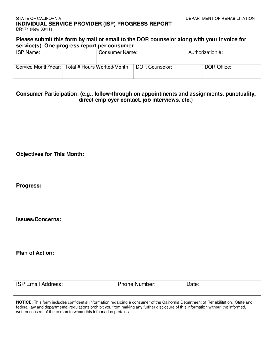 Form DR174 Individual Service Provider (Isp) Progress Report - California, Page 1