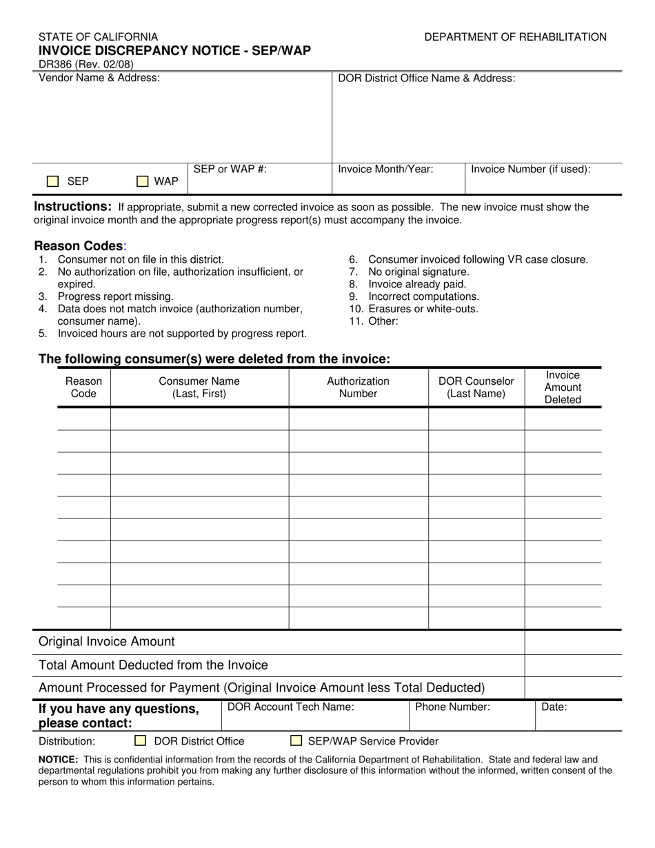 Form DR386 Invoice Discrepancy Notice - Sep / Wap - California, Page 1