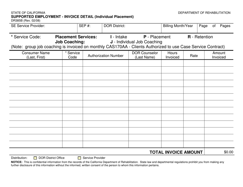 Form DR385B Supported Employment - Invoice Detail (Individual Placement) - California