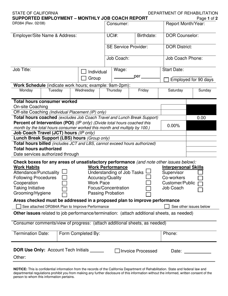 Form DR384 Supported Employment - Monthly Job Coach Report - California, Page 1