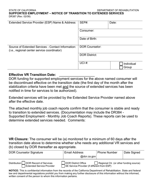 Form DR387 Supported Employment - Notice of Transition to Extended Services - California