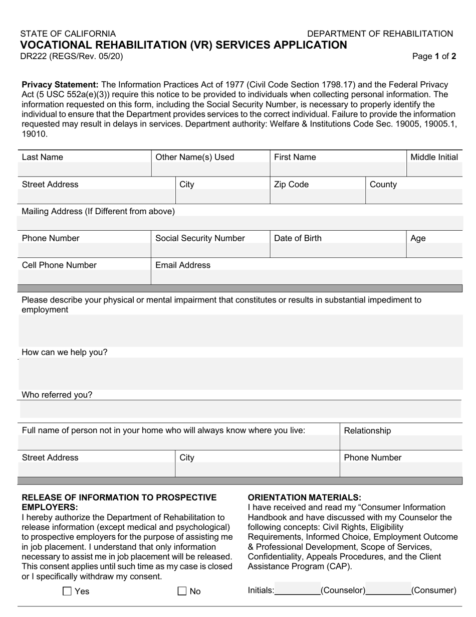 Form DR222 Vocational Rehabilitation (Vr) Services Application - California, Page 1
