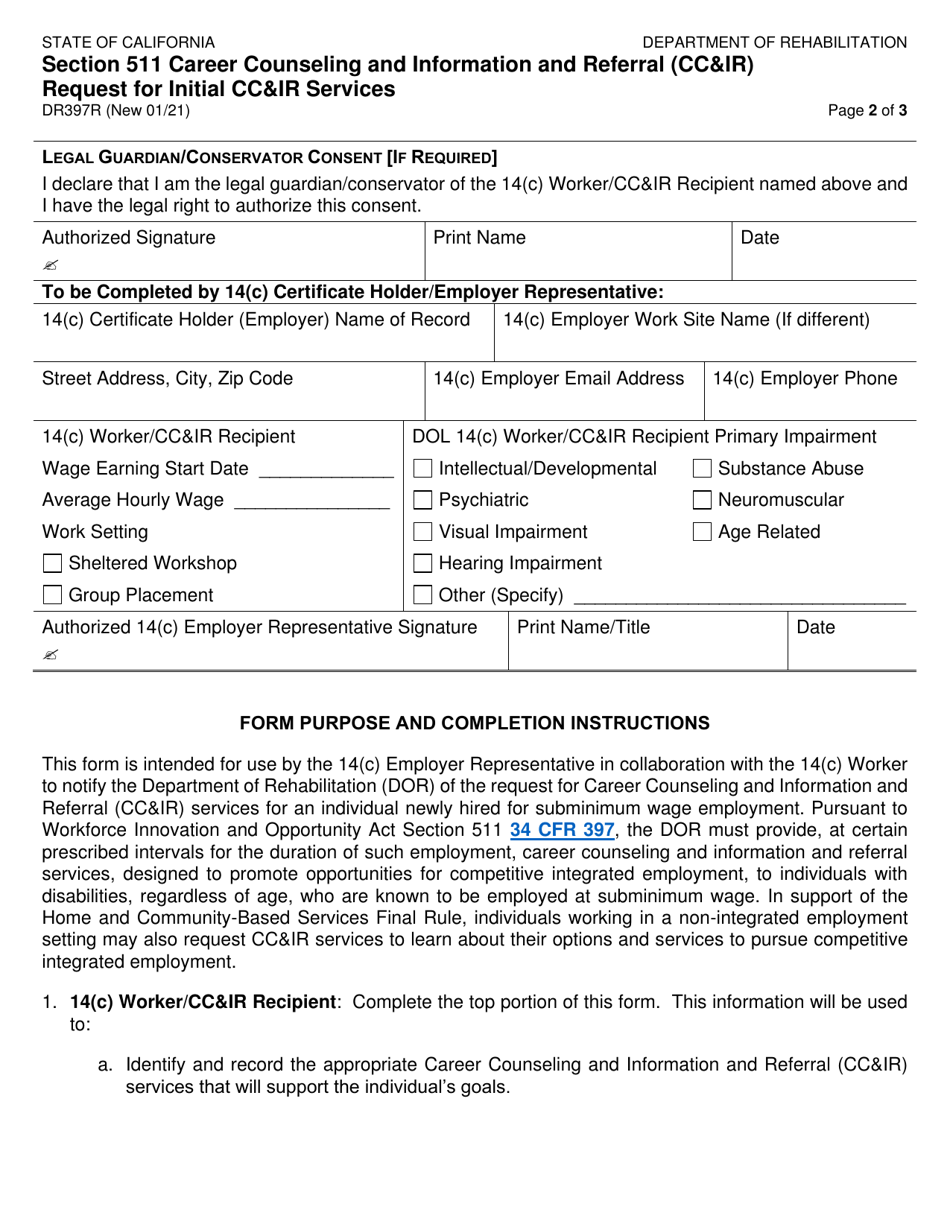Form DR397R Section 511 Career Counseling and Information and Referral (Ccir) Request for Initial Ccir Services - California, Page 2
