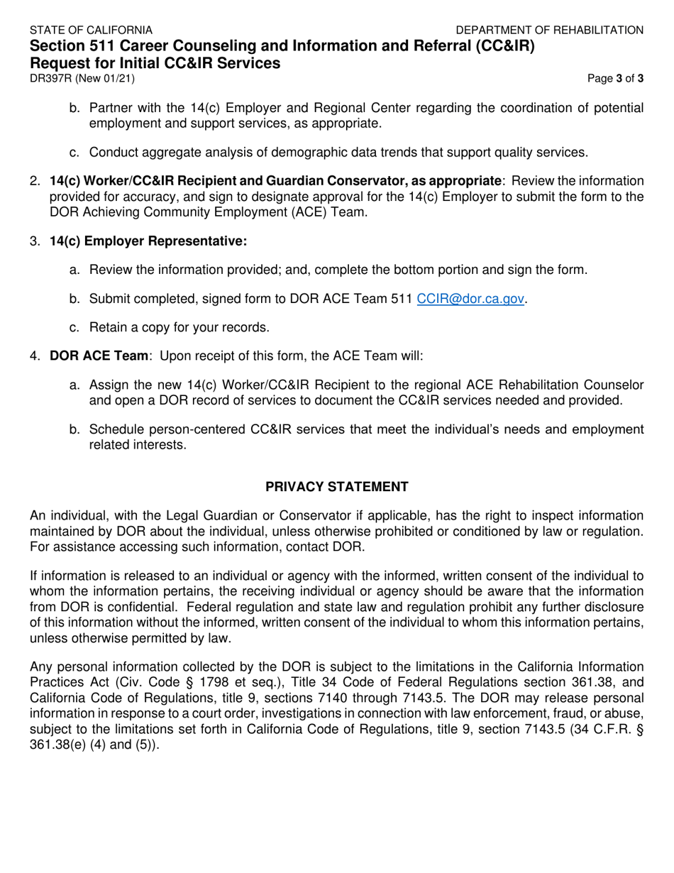 Form DR397R Section 511 Career Counseling and Information and Referral (Ccir) Request for Initial Ccir Services - California, Page 3