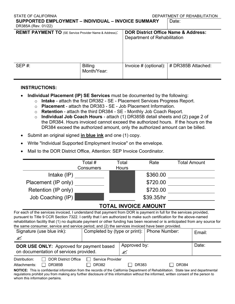 Form DR385A Supported Employment - Individual - Invoice Summary - California, Page 1