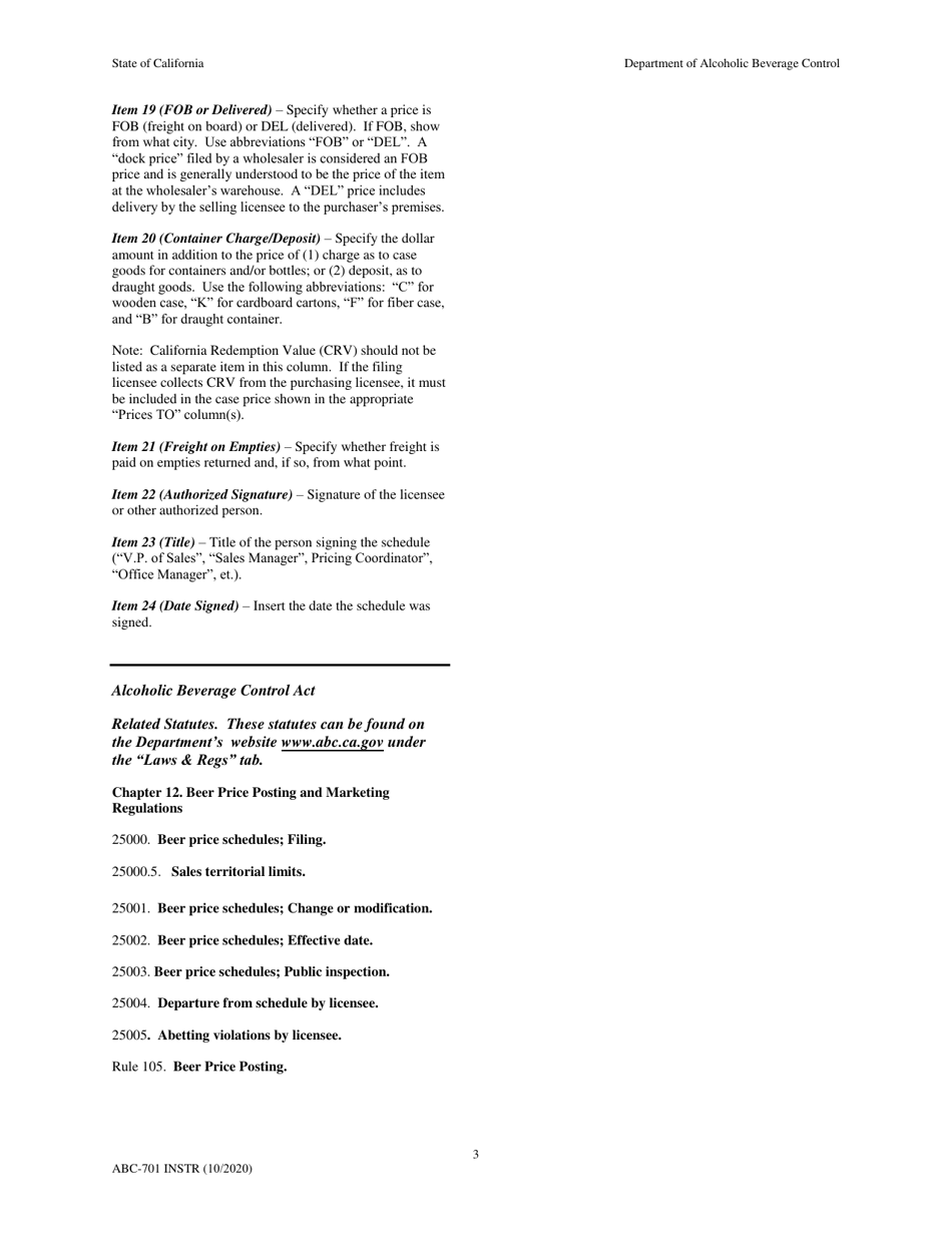 Instructions for Form ABC-701 Malt Beverage Price Schedule - California, Page 3