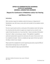 Form DGS OAH27 &quot;Request for Continuance of Mediation and/or Fair Hearing and Waiver of Time&quot; - California