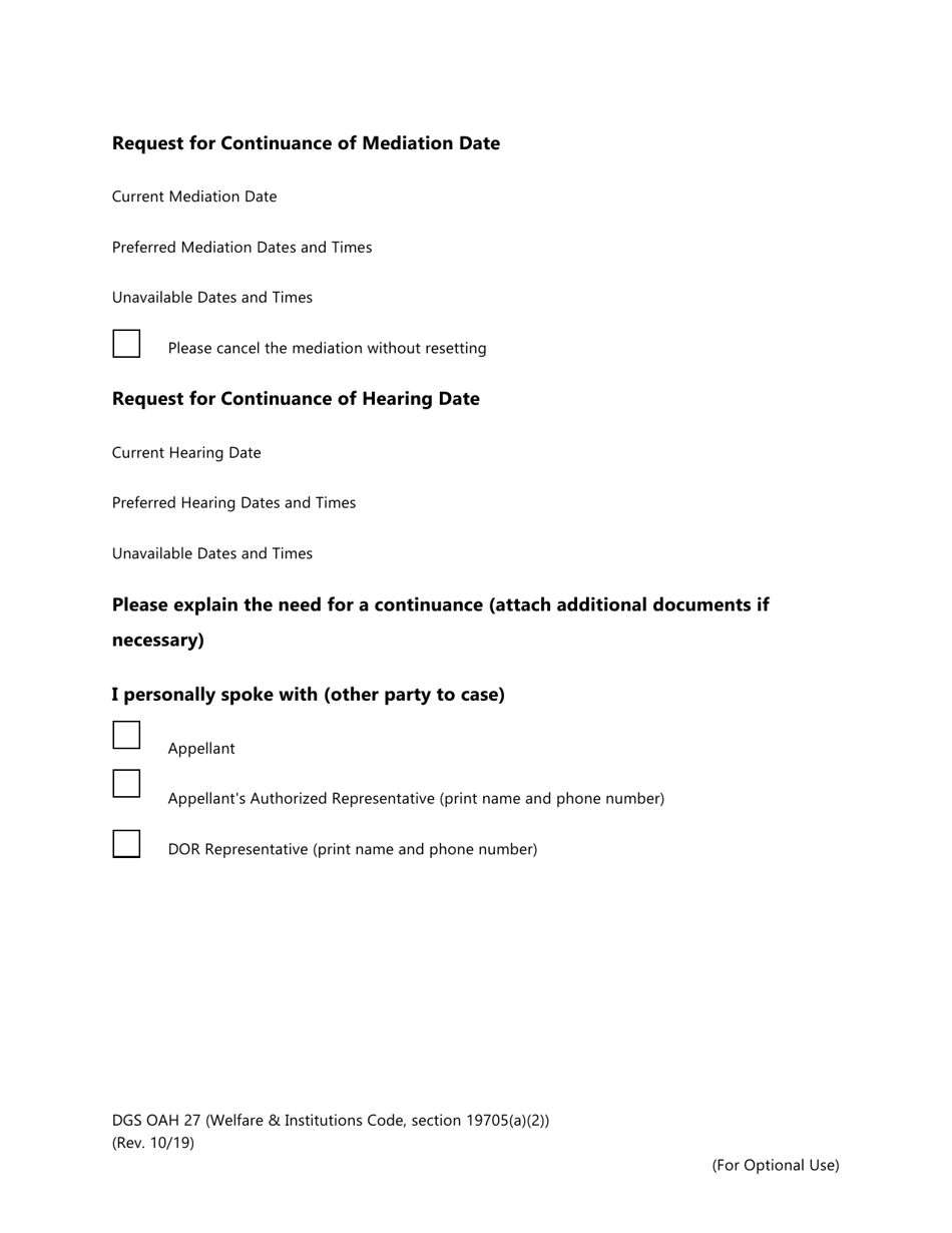 Form DGS OAH27 Request for Continuance of Mediation and / or Fair Hearing and Waiver of Time - California, Page 3