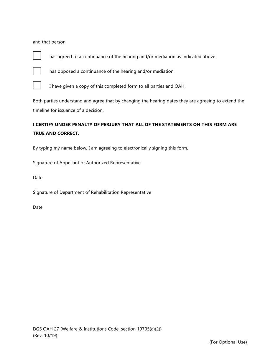 Form DGS OAH27 Request for Continuance of Mediation and / or Fair Hearing and Waiver of Time - California, Page 4