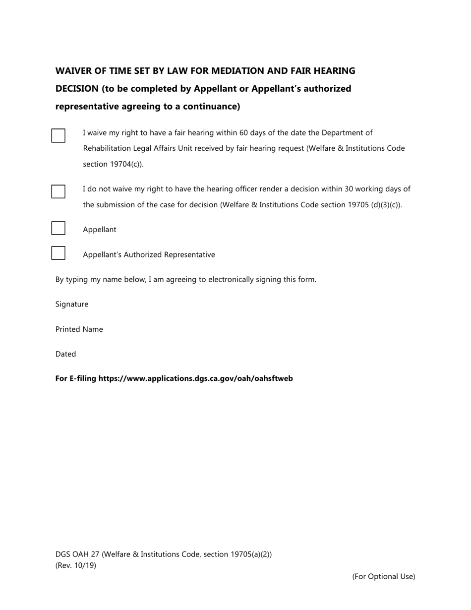 Form DGS OAH27 Request for Continuance of Mediation and / or Fair Hearing and Waiver of Time - California, Page 5