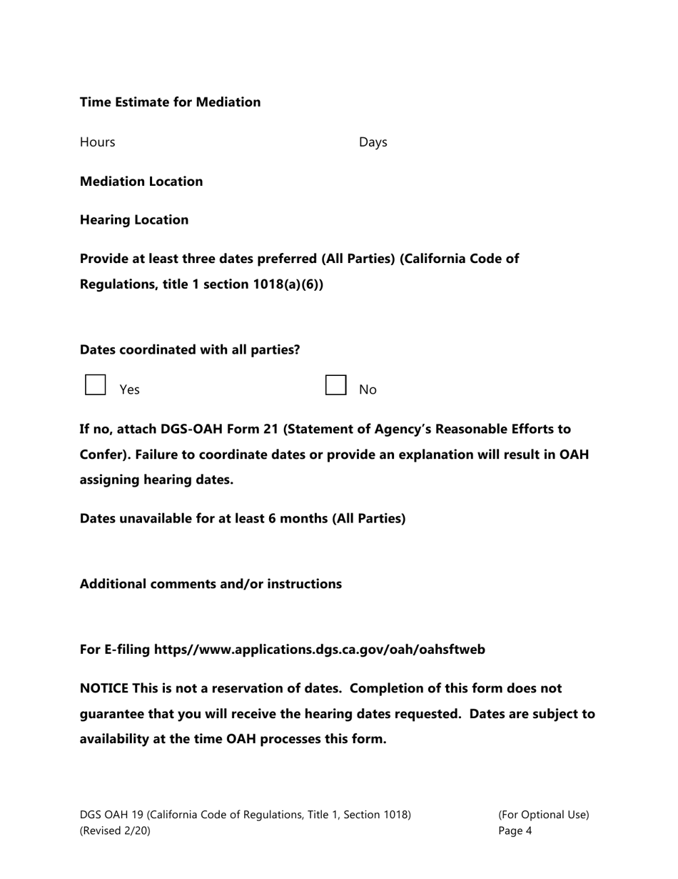 Form DGS OAH19 Rehabilitation Services Request to Set Fair Hearing / Mediation - California, Page 4