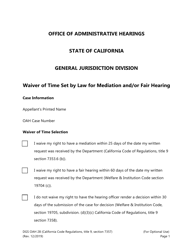 Form DGS OAH28 &quot;Waiver of Time Set by Law for Mediation and/or Fair Hearing&quot; - California