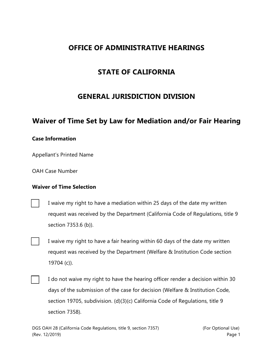 Form DGS OAH28 Waiver of Time Set by Law for Mediation and / or Fair Hearing - California, Page 1