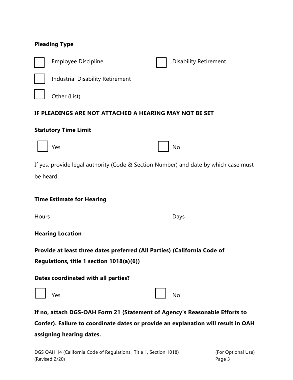 Form DGS OAH14 Local Agency Request to Set - California, Page 3