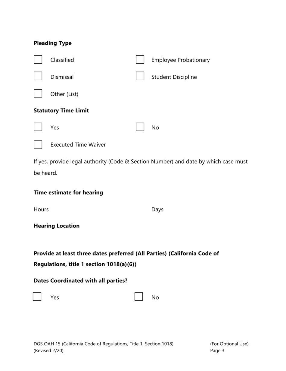 Form DGS OAH15 School District Request to Set - California, Page 3